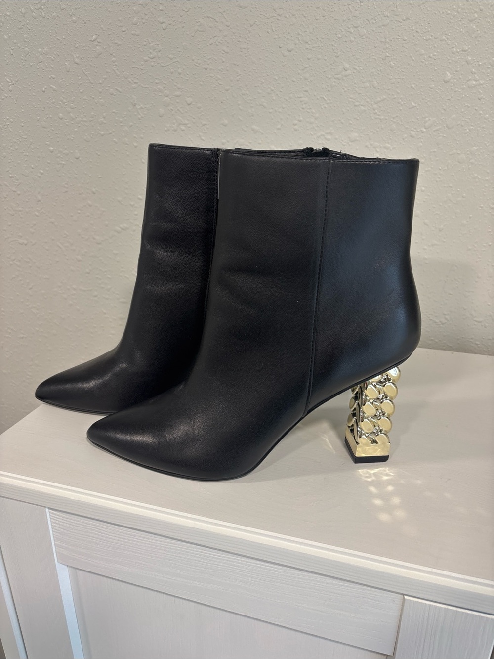 Black Ankle Booties with Gold Geometric Heel - Women